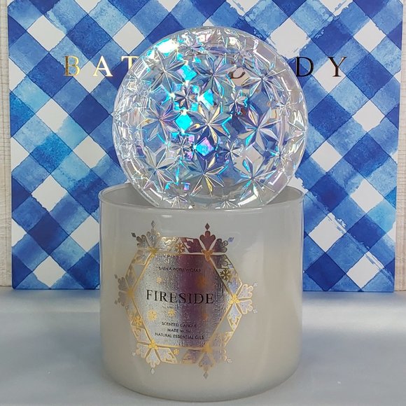 'BATH & BODY WORKS HOME 'FIRESIDE' 3~WICK CANDLE IRIDESCENT DIMOND-CUT TOP - Picture 2 of 16